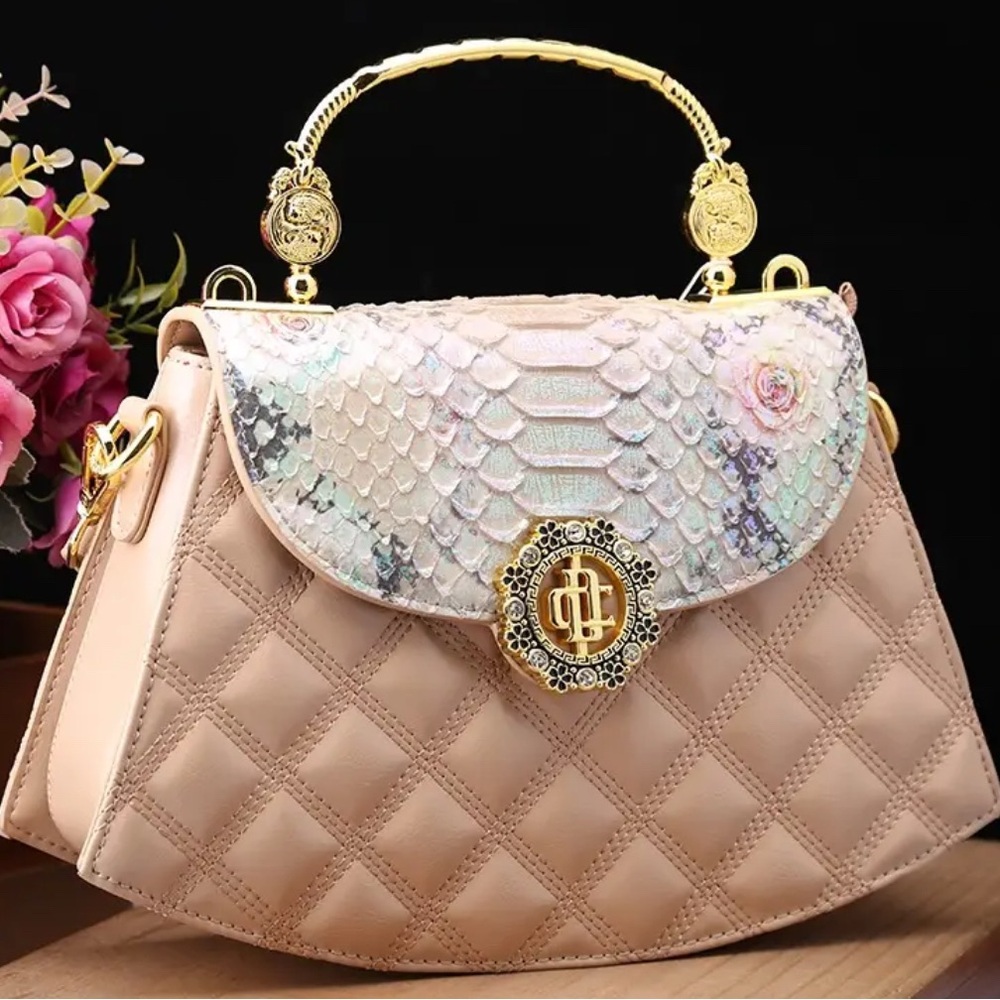 Elegant Beige Quilted Handbag with Gold Accents